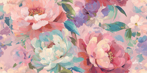 Lush Pink Painterly Peonies Floral Seamless Pattern for design, textile, packaging, fabric, wallpaper, branding, stationery, wrapping paper interior decor