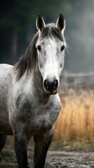 Majestic grey horse standing in a tranquil field during early morning light with soft mist rising in the background