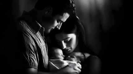 Parents holding their newborn in their arms sharing a quiet loving moment