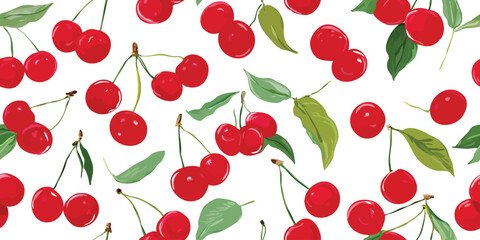 Fresh Red Cherries Botanical Watercolor Seamless Pattern. Sweet Summer Fruit Print for design, textile, packaging, fabric, wallpaper, branding, stationery, wrapping paper interior decor.