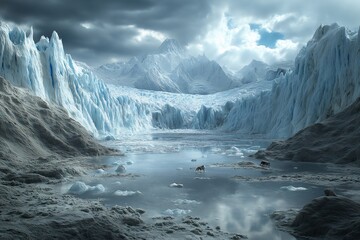 Serene Arctic Landscape. Icy Glacial Reflections and Majestic Snow-Capped Mountains