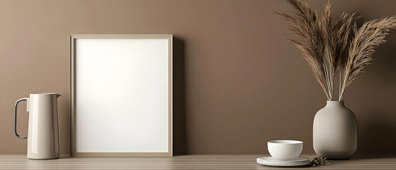 Empty Frame Mockup On Beige Wall With Dried Flower Arrangement And Pitcher