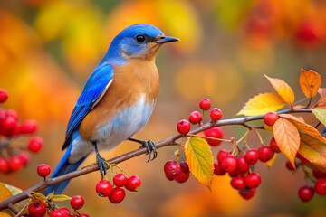 Fototapeta premium Vibrant blue bird perched on a branch with red berries 