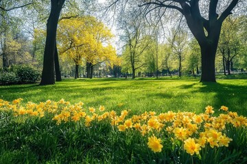 Bright yellow flowers bloom in a lush green park during springtime sunshine in a vibrant urban landscape