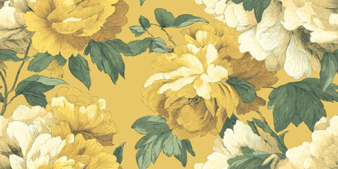 Luxurious Vintage Golden Peony Floral Seamless Pattern. Elegant Botanical Engraved Bloom Art trendy design, textile, packaging, fabric, wallpaper, branding, stationery, wrapping paper interior decor