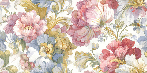 Ornate Vintage Grand Floral Seamless Pattern. Luxurious Baroque Rococo Peony Bloom Design for trendy design, textile, packaging, fabric, wallpaper, branding, stationery, wrapping paper interior decor