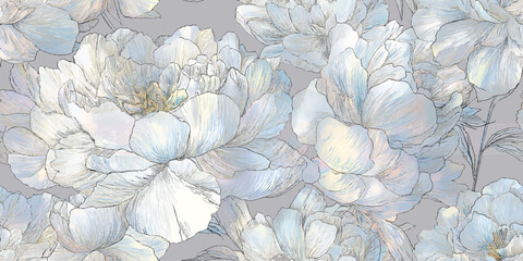 Elegant Serene White Peony Floral Seamless Pattern. Delicate Luxurious Botanical Bloom Design trendy design, textile, packaging, fabric, wallpaper, branding, stationery, wrapping paper interior decor