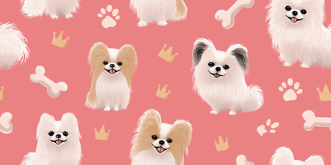 Cute Whimsical Dog Pet Seamless Pattern. Adorable Puppy Crown Bone Animal Design for trendy design, textile, packaging, fabric, wallpaper, branding, stationery, wrapping paper interior decor