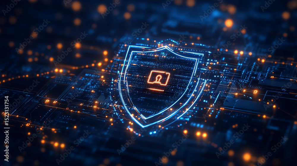 Poster cyber security shield data protection network safety system digital technology abstract background c