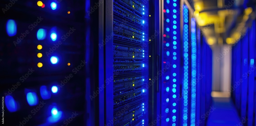 Leinwandbilder Close-up view of illuminated blue server racks in a high tech data center aisle, showcasing advanced hardware and vibrant network activity for digital infrastructure concepts