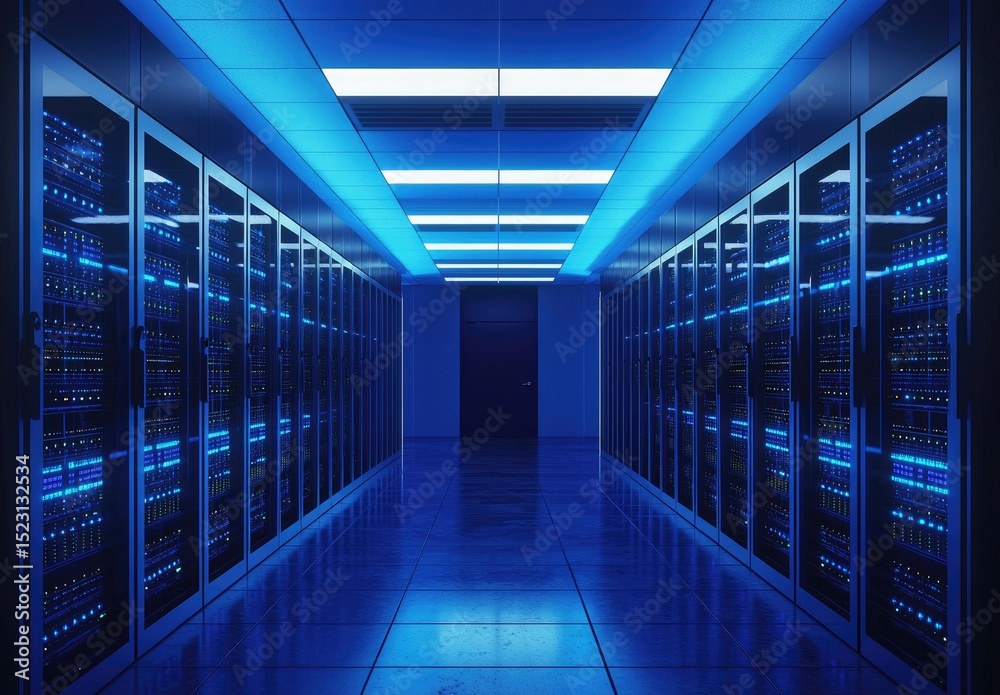 Aufkleber Futuristic data center with glowing blue ceiling lights and mirrored rows of modern servers in a high tech corridor, ideal for technology, networking, and cloud computing themes