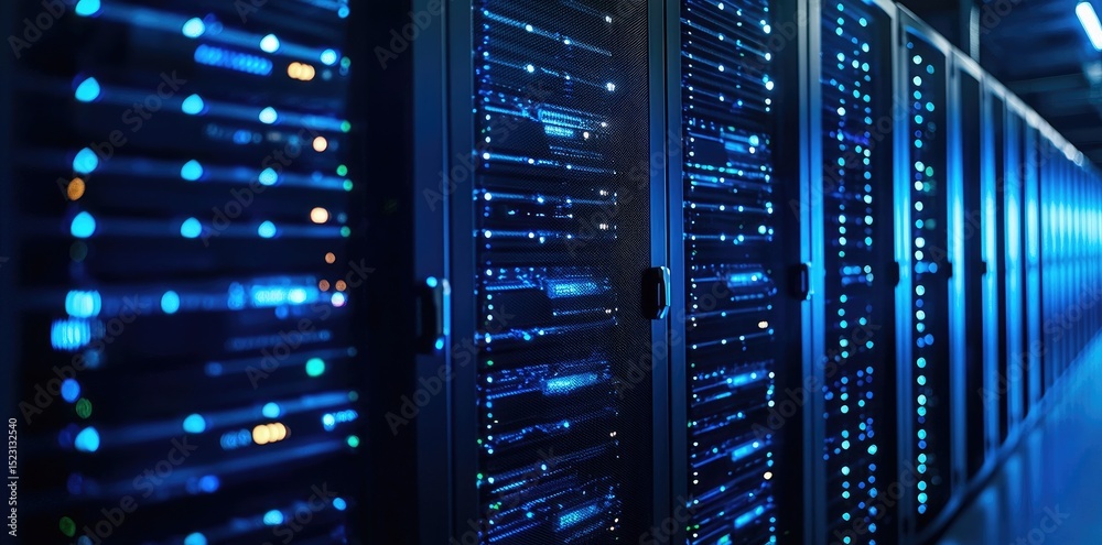 Aufkleber long row of illuminated modern server cabinets with blinking blue indicator lights in a clean futuri