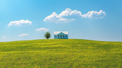 Obraz premium White house on a hilltop field