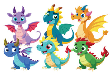 Obraz premium Group of Six Cute Cartoon Dragons in Different Colors and Poses