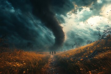 Fototapeta premium Dramatic Tornado Storm Over Grassland Horizon. A Powerful Exploration of Nature's Ominous Weather Forces