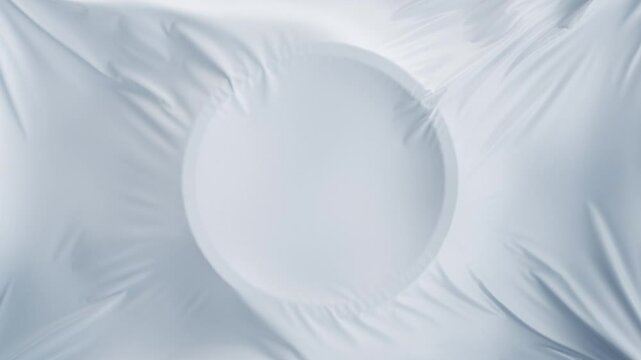 White cloth wind blowing abstract background. Bright clean satin animation with round frame at the center. Smooth silk wavy motion texture with copy space. Seamless loop.