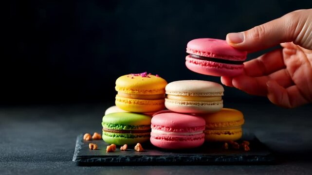 Hand picks single macaron from colorful stack. Pan left. 4K.
