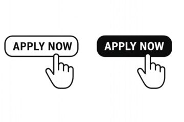 Hand pointing at 'Apply Now' sign, isolated on transparent background.