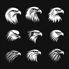 Nine stylized eagle head silhouettes, varying poses