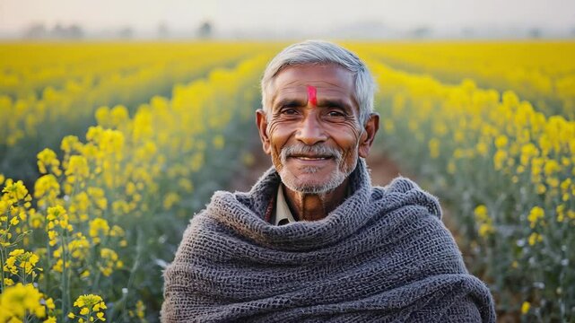 Elderly farmer with grey hair and a red mark on his forehead smiles warmly while standing in a vibrant yellow rapeseed field, wrapped in a grey shawl