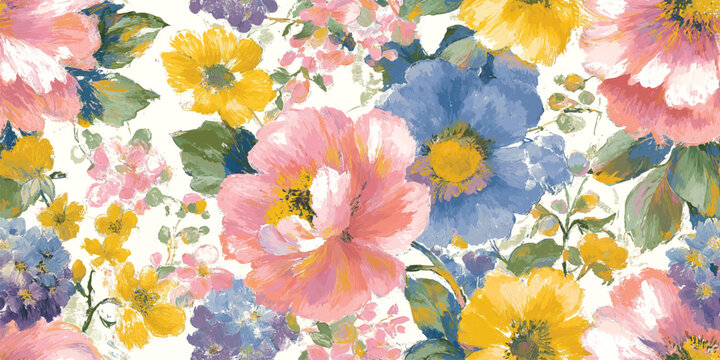 Cheerful Wildflower Meadow Floral Seamless Pattern. Vibrant Painterly Garden Bloom Design for trendy design, textile, packaging, fabric, wallpaper, branding, stationery, wrapping paper interior decor