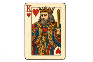 King of hearts playing card with intricate red and black design, featuring a crown and sword, isolated on transparent background.