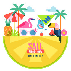 Summer sale banner, discount coupon, poster, voucher design. Vector illustration of tropical landscape on piece of lemon