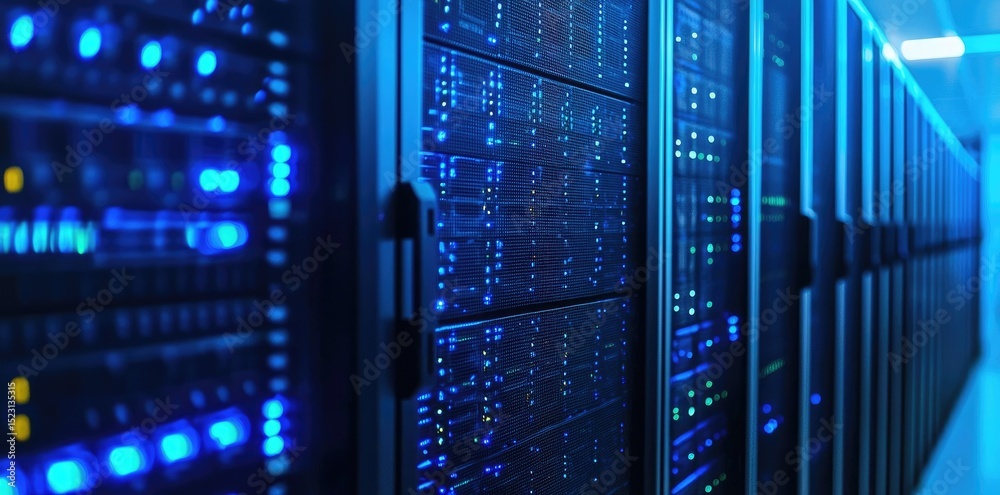 Aufkleber row of secure server cabinets with glowing blue and green lights in a high tech data center hallway,