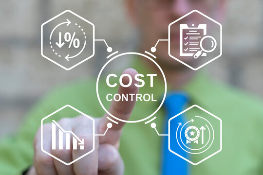 Business person using virtual touch screen push text: COST CONTROL. Cost and quality control, business strategy and project management concept. Cost reduction and effective business.
