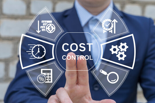 Cost and quality control, business strategy and project management concept. Business person using virtual touch screen push inscription: COST CONTROL. Cost reduction and effective business.