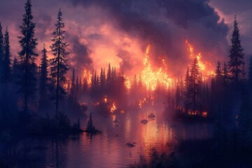 Wildfire Chaos at Dusk. Dramatic Forest Fire and Smoke Reflected on Water