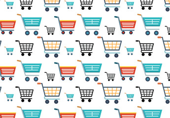   Shopping  seamless pattern. Shopping cart and bag on white background. E-commerce, online shop background. Vector illustration.
