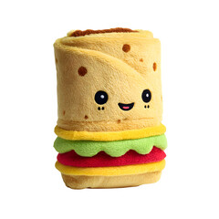 Close up of a plush burrito with a smiling face and colorful layers on a white background isolated