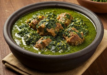 Traditional egusi soup with melon seeds and meat in clay pot  