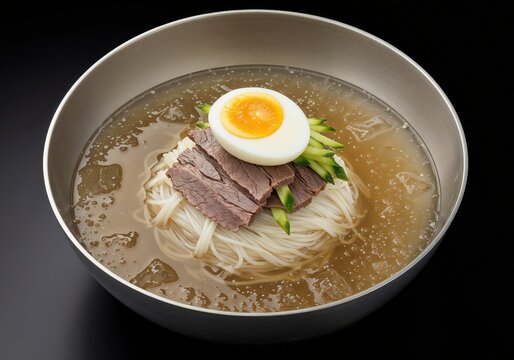 Cold Korean noodles with beef and egg garnished with green onion  