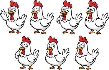 vector illustration of white coloured chicken hen funny cartoon mascot character cartoon with 8 poses
