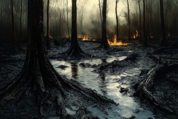 Forest Fire and Smoke. Nature's Wildfire Destruction Reflection Scenic Landscape Photo