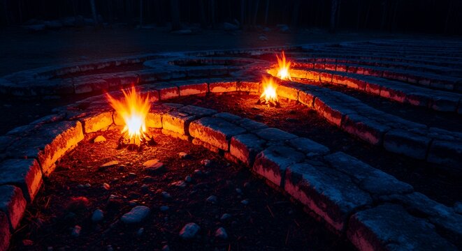 Illuminated Fire Labyrinth at Night: A Mystical and Enchanting Scene - Powered by Adobe