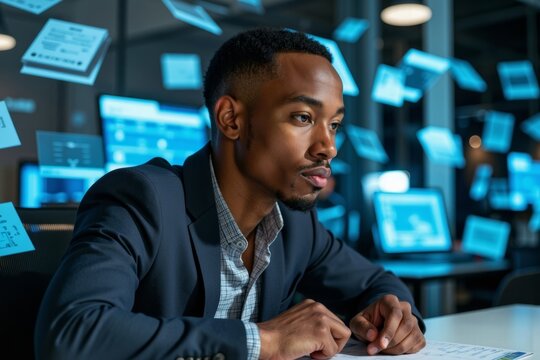 A professional tax accountant surrounded by digital tax documents and e-invoice finance software in a holographic display. - Powered by Adobe