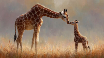 Obraz premium Mother Giraffe & Baby in Tall Grass Field
