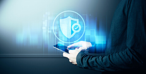 hand of businessman interactive touching a holographic of transaction financial network data...