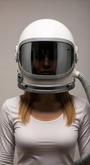 Fototapeta premium A person wearing a retro astronaut helmet, looking into space. She wears a plain white shirt. The helmet has a large visor and breathing tube.