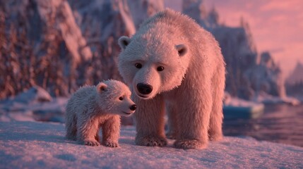 Obraz premium A giant white polar bear towers beside its tiny cub on a snowy platform by a frozen lake