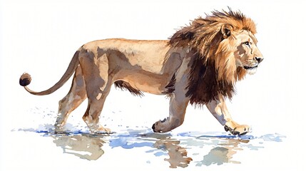 Obraz premium realistic lion in watercolor style walking through shallow river, light reflections, distant tree silhouettes, soft edges, warm color palette, flowing water effect