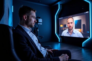 Immersed in a Futuristic Virtual Reality Business Webinar: A Businessman in a Dark Room