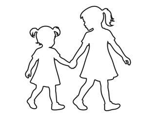 Black outline of two girls holding hands while walking, isolated on white background, illustration. concept of friendship, siblings, family, childhood, bonding, walking children, best friends