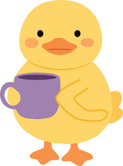 Adorable yellow chick cartoon character holding a purple mug ready for coffee or tea