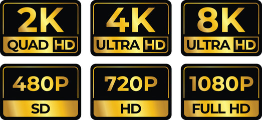 Resolution Icons Set – 8K, 4K Ultra HD, 2K Quad HD, 1080p, 720p, 480p SD Logos – Flat Vector on White Background