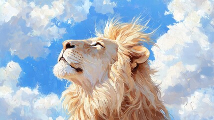 a powerful lion painted in soft watercolor with dramatic cloudy sky background, desert sands, wind-swept mane, crisp line edges, no text or watermark