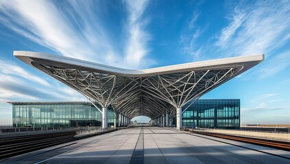 Naklejka premium Panoramic Steel Frame Structure Inside Airport with Glass Roof and Blue Sky